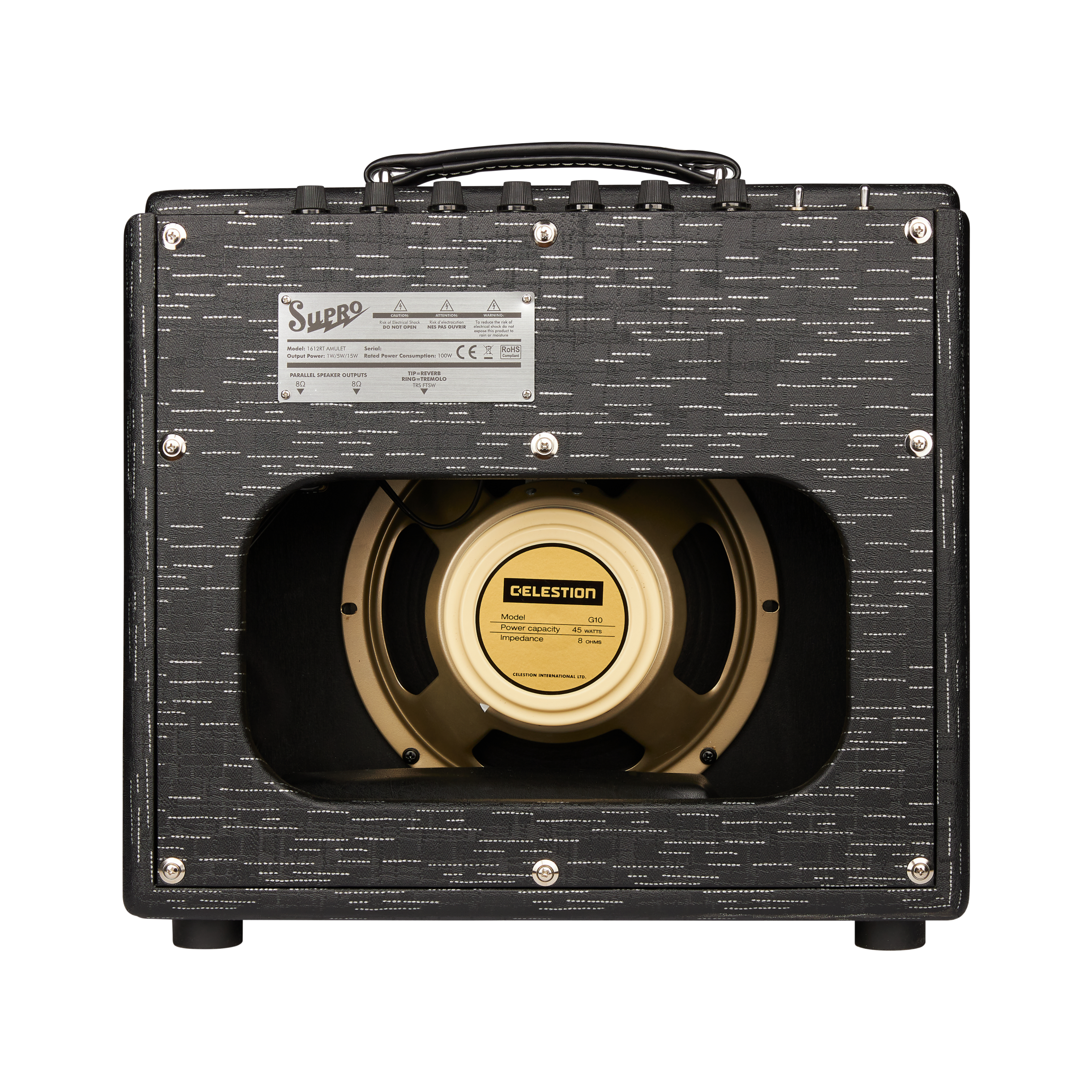 Back view of a black Supro amplifier showing a large circular Celestion speaker in the open rear panel.