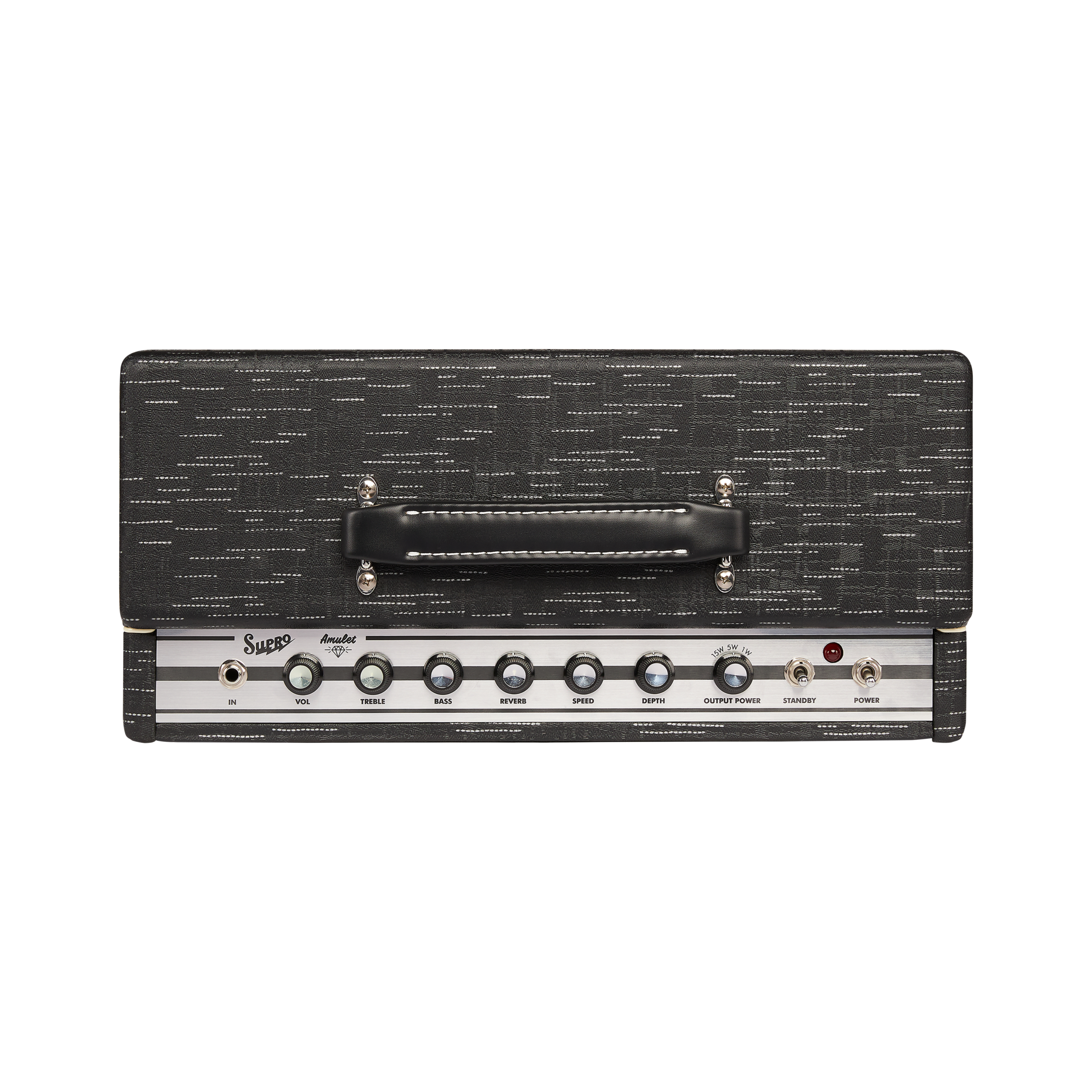 Supro amplifier with seven control knobs, input jack, two toggle switches, a red indicator light, and a black carry handle on top.
