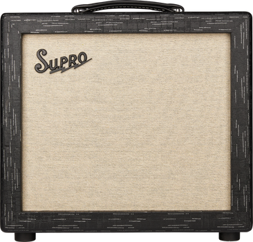 Supro guitar amplifier with a textured black frame and large beige speaker grill, featuring the Supro logo in the upper left corner.