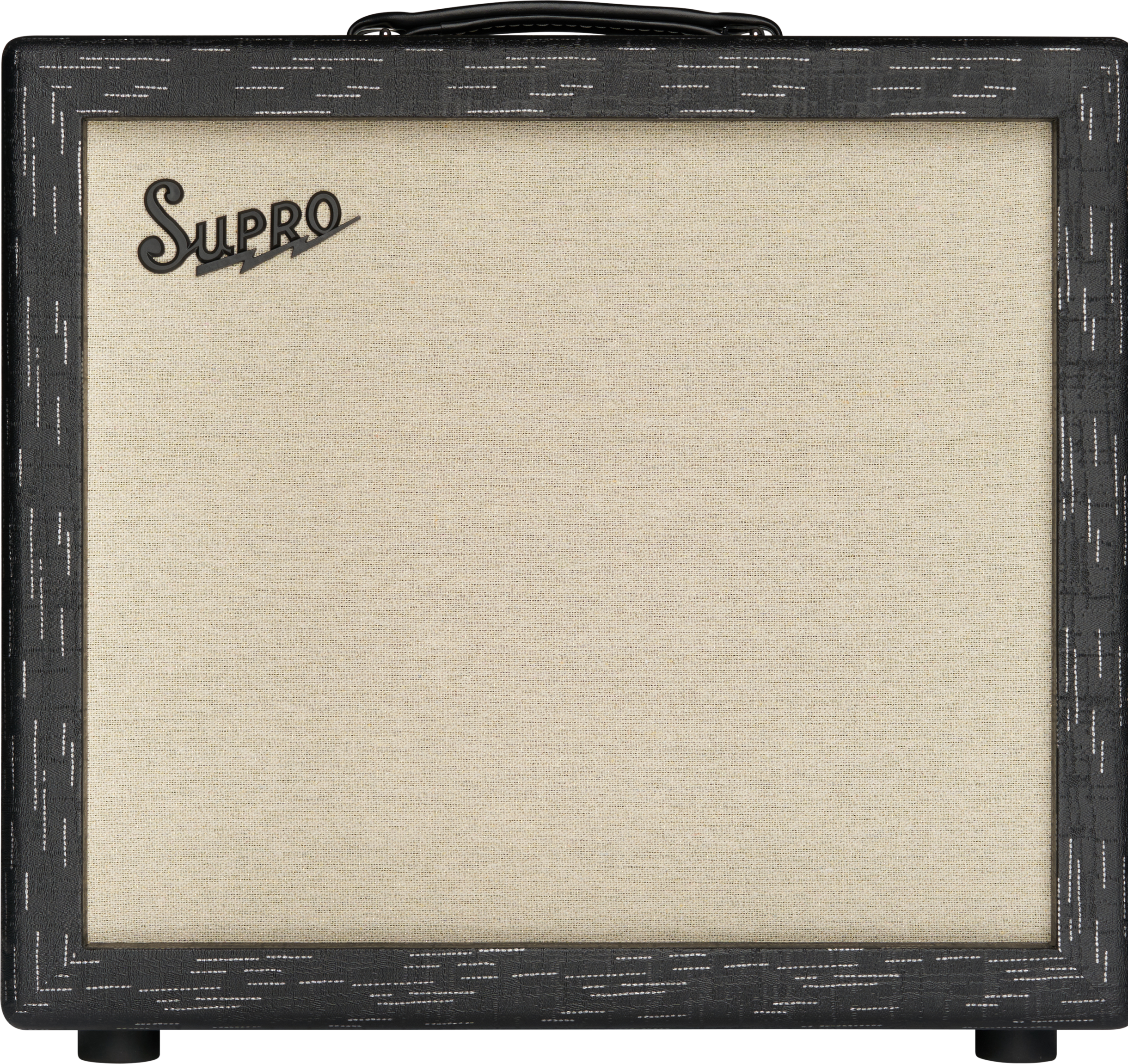 Supro amplifier with a light beige front grille, black patterned border, and a black handle on top. The Supro logo is in the upper left corner.
