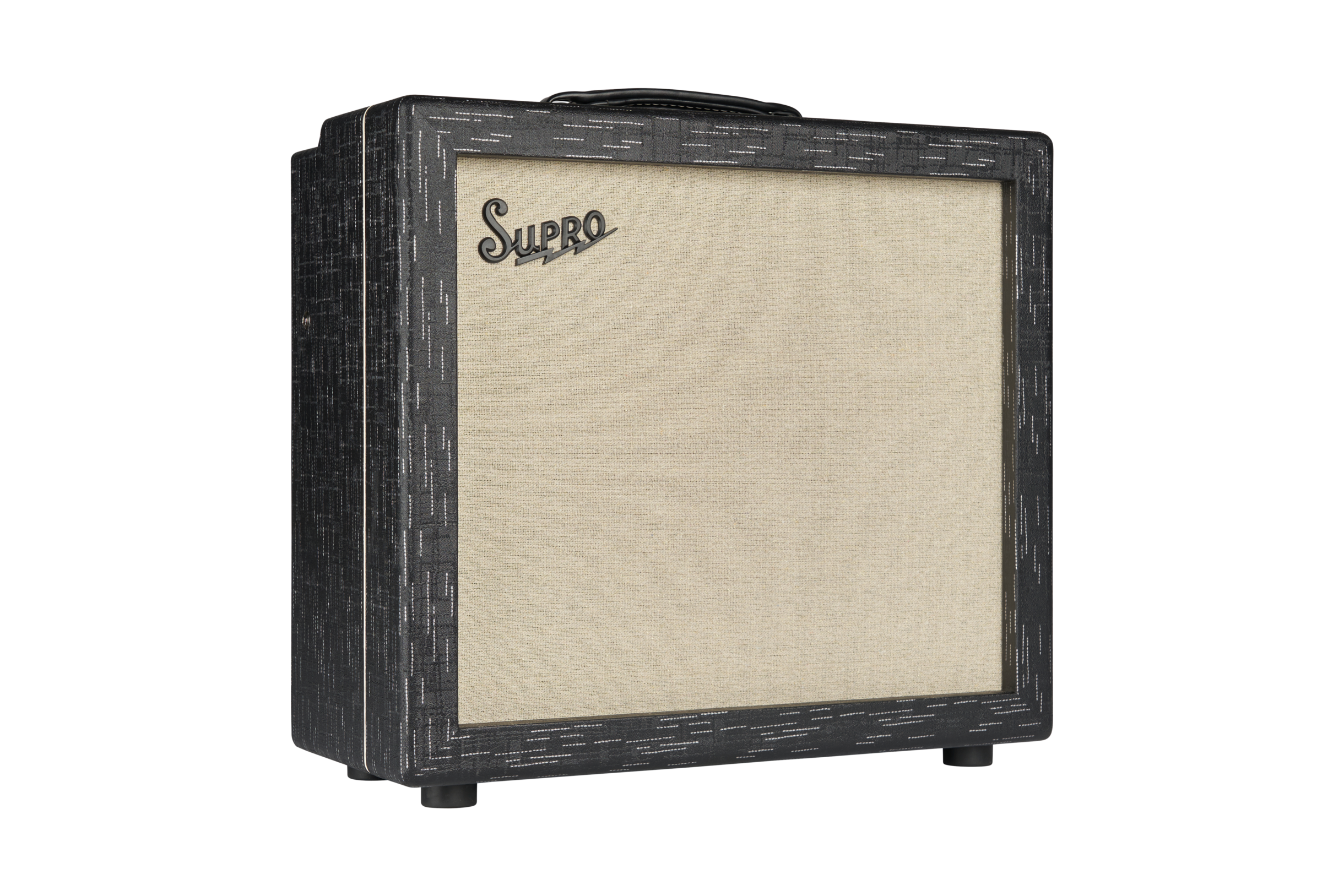 Supro guitar amplifier with a black textured cabinet, beige speaker grille, and a handle on top. The Supro logo is on the upper left corner.