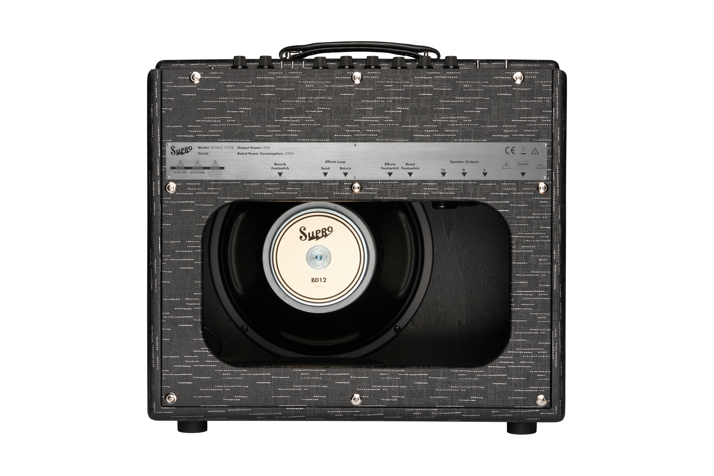 Rear view of a Supro amplifier showing a single large BD12 speaker through an open back panel, control knobs and input/output labels on top.
