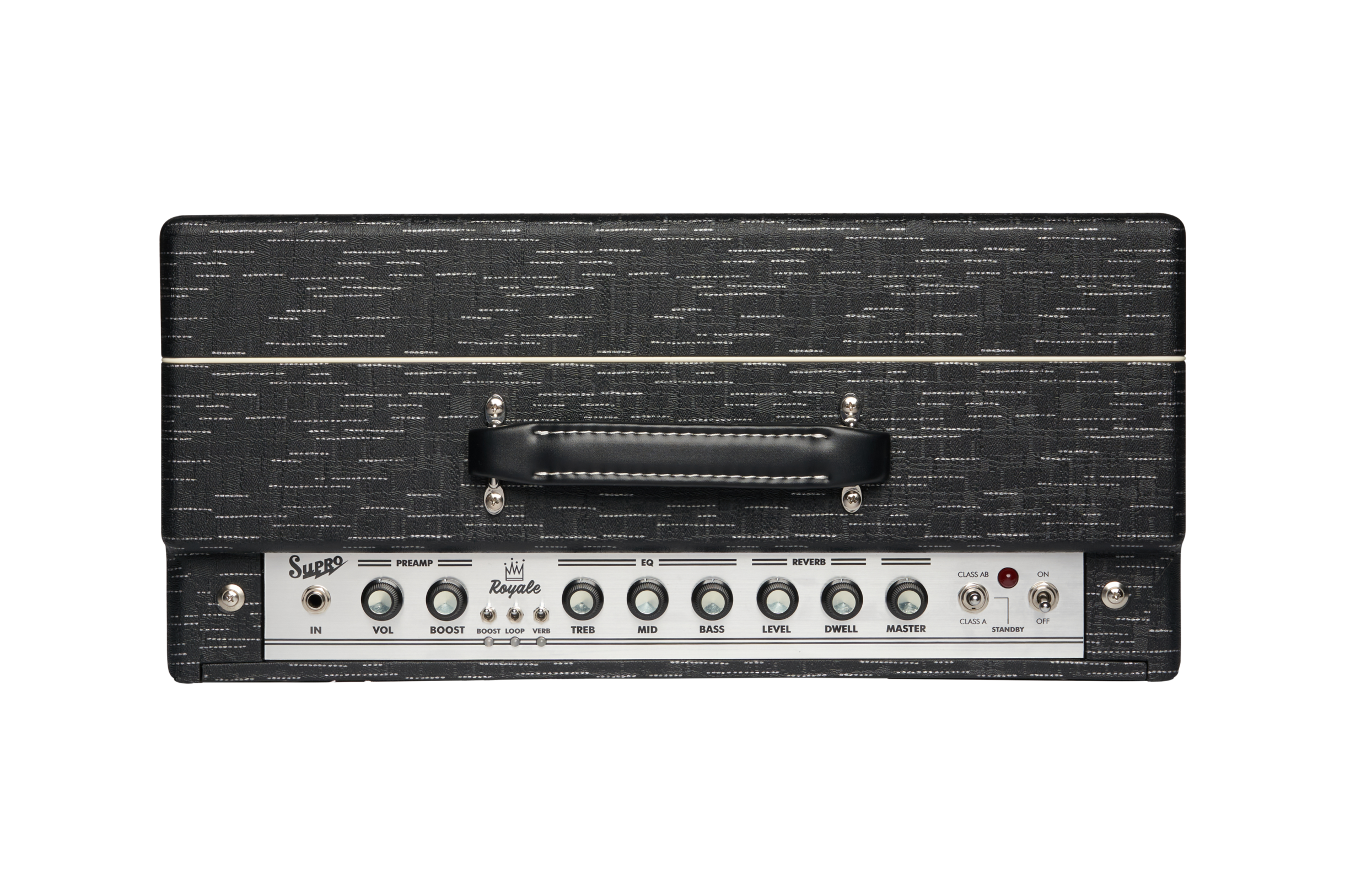 Supro Royale amplifier head, black textured case, top handle, front panel with labeled knobs for volume, EQ, reverb, and multiple switches.