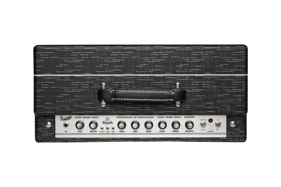 Supro Royale amplifier head, black textured case, top handle, front panel with labeled knobs for volume, EQ, reverb, and multiple switches.