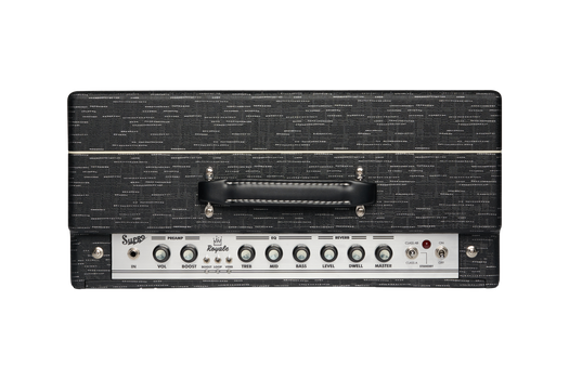 Supro Royale amplifier head, black textured case, top handle, front panel with labeled knobs for volume, EQ, reverb, and multiple switches.