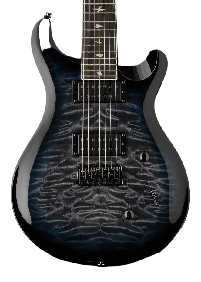 Electric guitar with a dark, glossy quilted maple top, black hardware, two humbucker pickups, and bird inlays on the fretboard.
