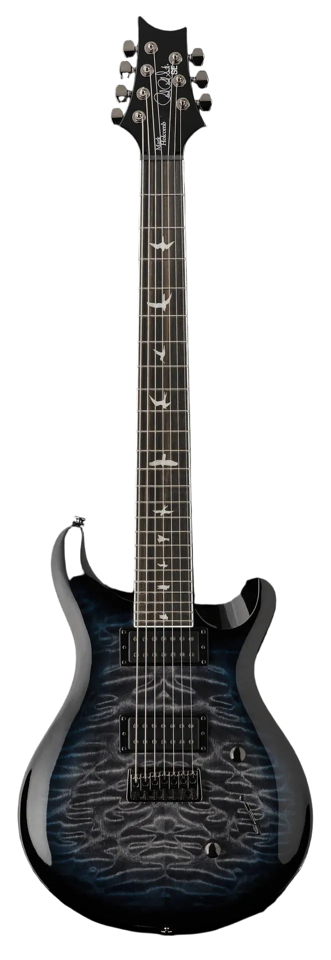 Black and grey electric guitar with a quilted maple pattern, bird inlays on the fretboard, and two humbucker pickups.