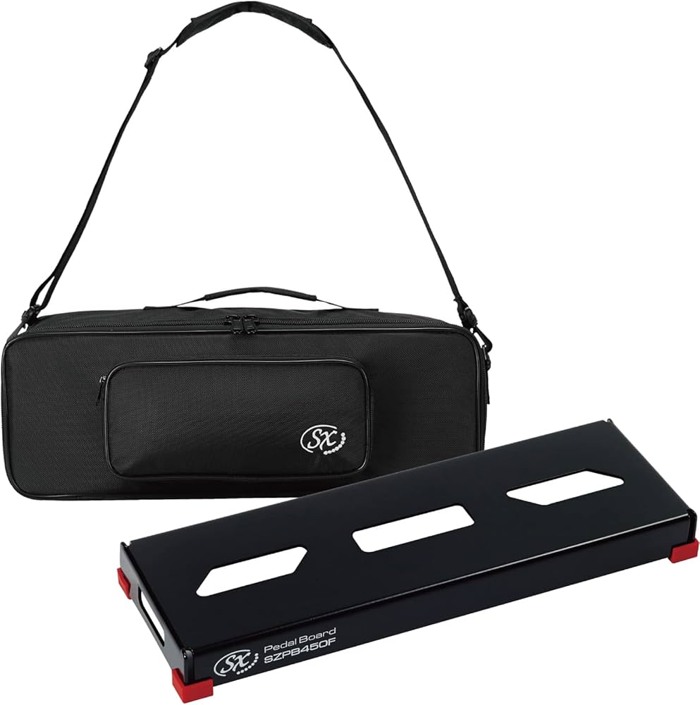 Black pedal board with three rectangular slots and red corner protectors, shown with a matching black carrying case with a shoulder strap and front pocket.
