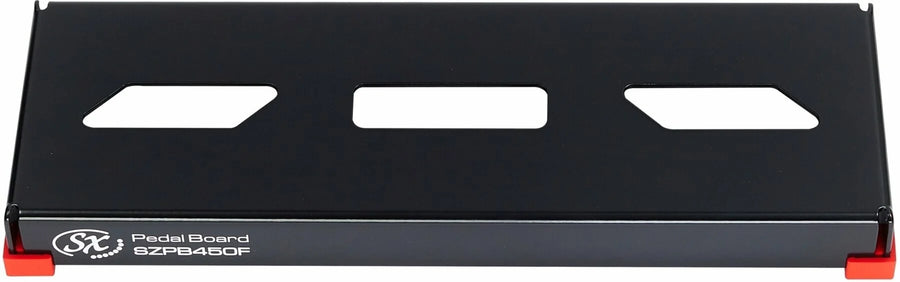 Black SX SZPB450F pedal board with three rectangular cutouts on top and small red rubber feet at each corner.