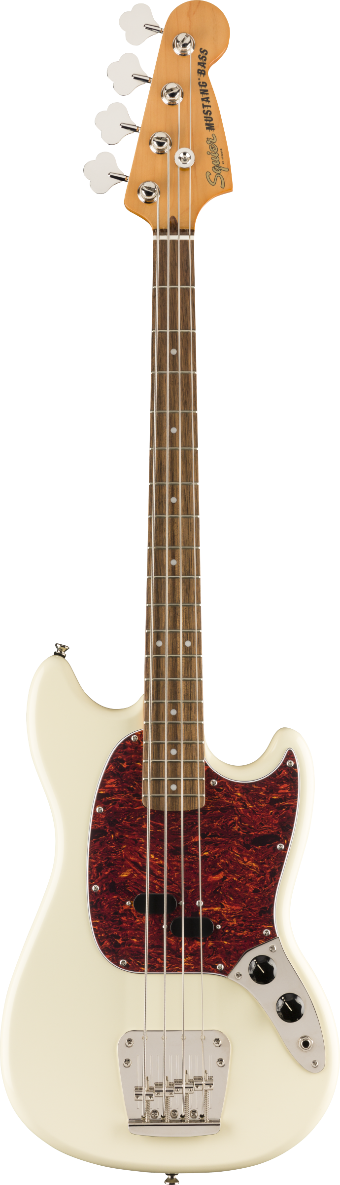Cream-colored electric bass with four strings, a dark tortoiseshell pickguard, two black control knobs, and a natural wood headstock.