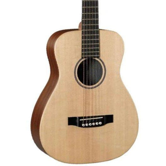 Light wood acoustic guitar with a round sound hole, six strings, dark bridge, and dark fretboard; sides have a darker wood color.