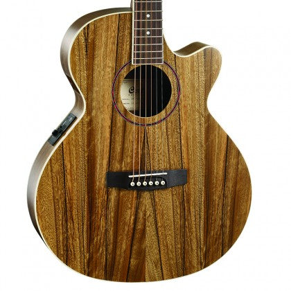 Cutaway acoustic guitar with a natural wood grain finish, six strings, black bridge, and electronic controls on the side.
