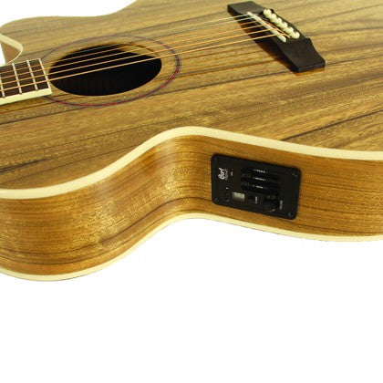 Wooden acoustic guitar body with a built-in electronic control panel on the side and a bridge with six white pins.