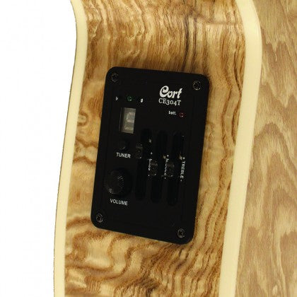 Built-in control panel on an acoustic guitar body with tuner switch, volume knob, three sliders, and a small display marked Cort CE304T.