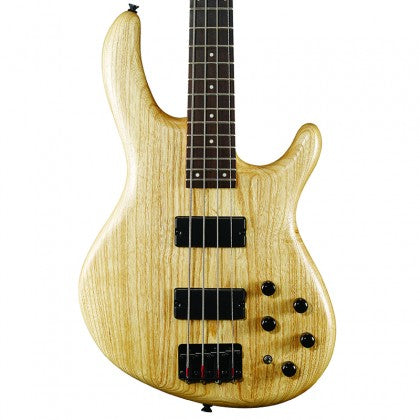 Natural wood finish bass guitar with four strings, two black pickups, and five black control knobs on the lower right side of the body.