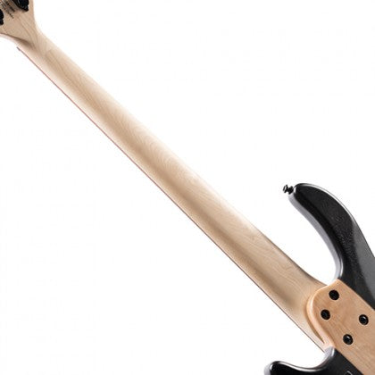 Light wood neck of a bass guitar bolted onto a glossy black body, showing the back with screws and smooth curves.