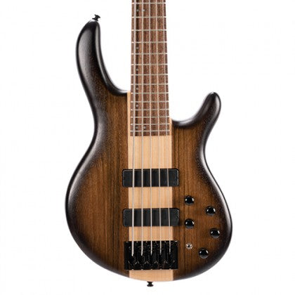Five-string bass guitar with dark brown edges, lighter wood center, two pickups, black bridge, and five black control knobs.