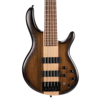 Five-string bass guitar with dark brown edges, lighter wood center, two pickups, black bridge, and five black control knobs.