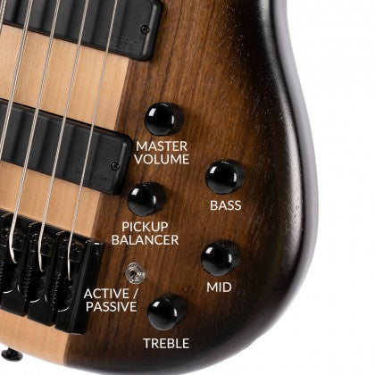 Five control knobs and one switch on a bass guitar body are labeled: Master Volume, Pickup Balancer, Bass, Mid, Treble, and Active/Passive.