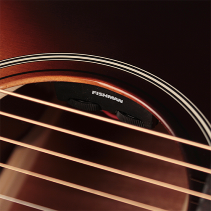 Close-up of an acoustic guitar soundhole with a Fishman pickup installed and steel strings visible in the foreground.