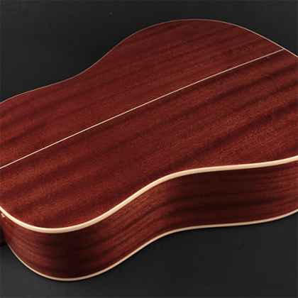 Back view of an acoustic guitar with reddish-brown wood, a thin light-colored center stripe, and light trim along the body edges.