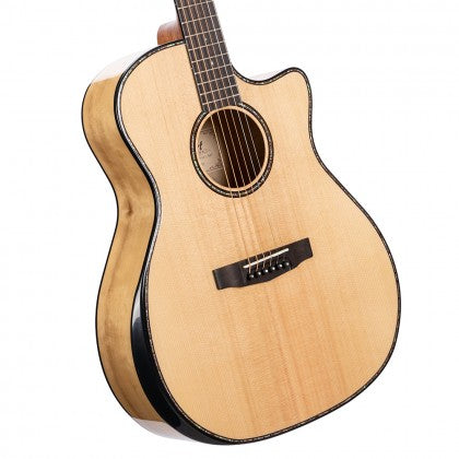 Acoustic guitar with a light wood top, cutaway body, dark sides and back, six strings, and a decorative soundhole rosette.