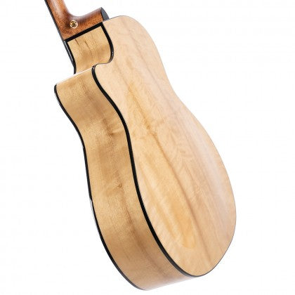 Light-colored acoustic guitar back with a smooth, glossy wood finish and black edge binding, neck partially visible at the top.
