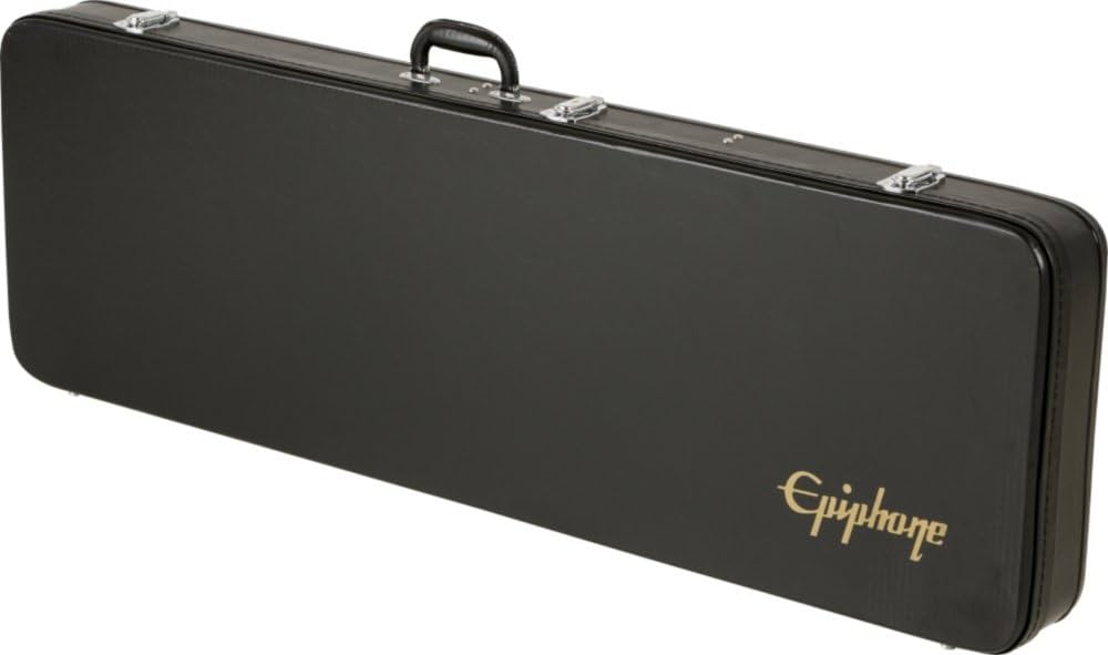 Rectangular black hard guitar case with a handle, metal latches, and the word "Epiphone" in gold lettering on the lower right corner.