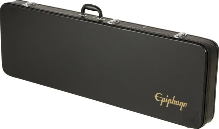 Rectangular black hard guitar case with a handle, metal latches, and the word "Epiphone" in gold lettering on the lower right corner.