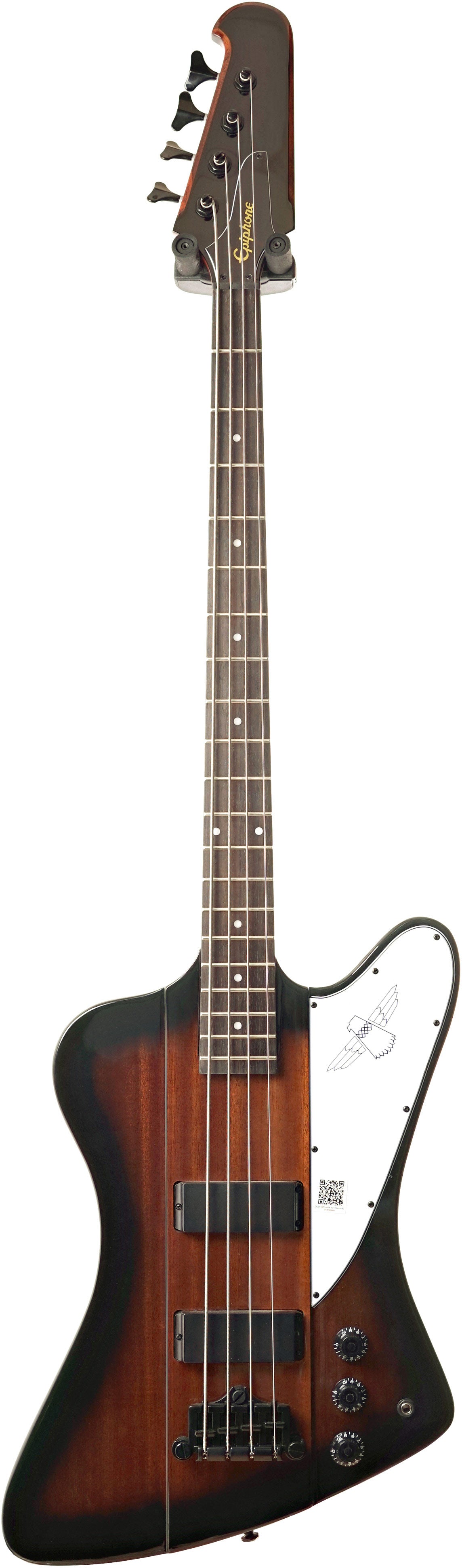 Epiphone bass guitar with a dark sunburst finish, four strings, angled body shape, white pickguard featuring a bird graphic, and black tuning pegs.