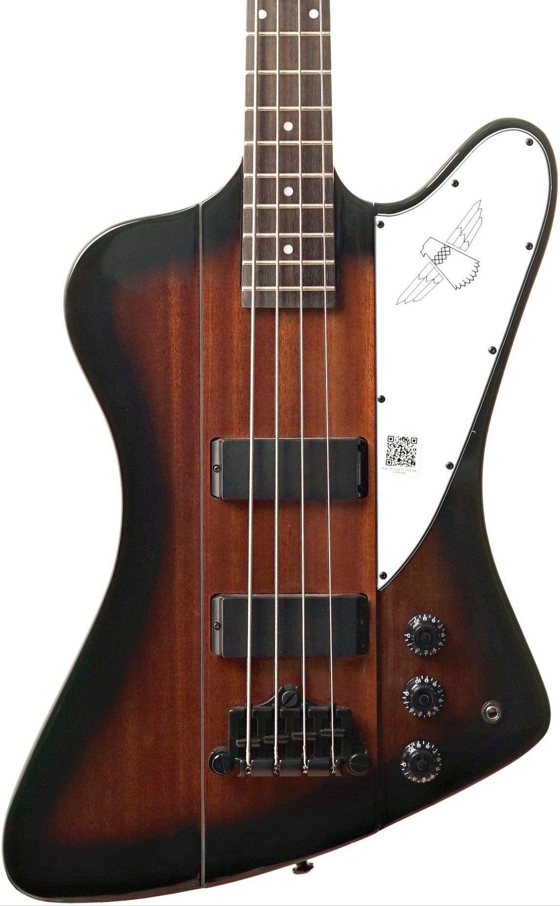 Sunburst finish electric bass guitar with four strings, three control knobs, two black pickups, and a white pickguard featuring a bird graphic.