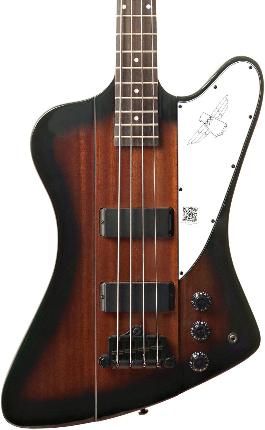 Sunburst finish electric bass guitar with four strings, three control knobs, two black pickups, and a white pickguard featuring a bird graphic.