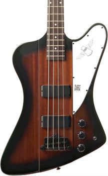 Sunburst finish electric bass guitar with four strings, three control knobs, two black pickups, and a white pickguard featuring a bird graphic.
