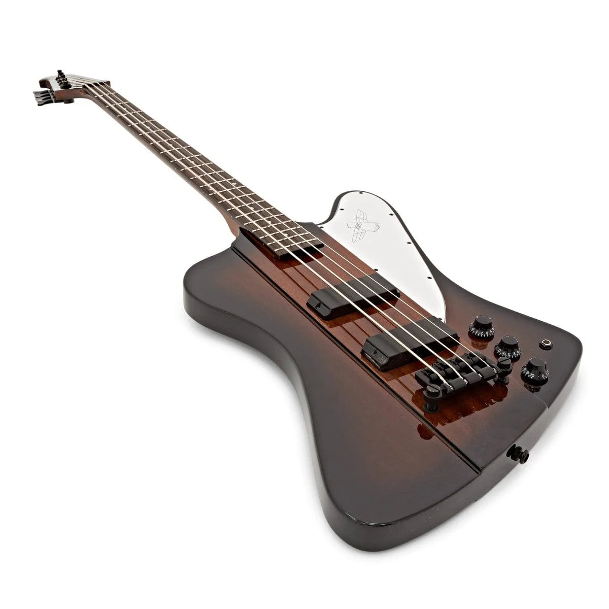 Angular dark brown electric bass guitar with four strings, black knobs, two pickups, and a silver pickguard featuring an engraved bird design.
