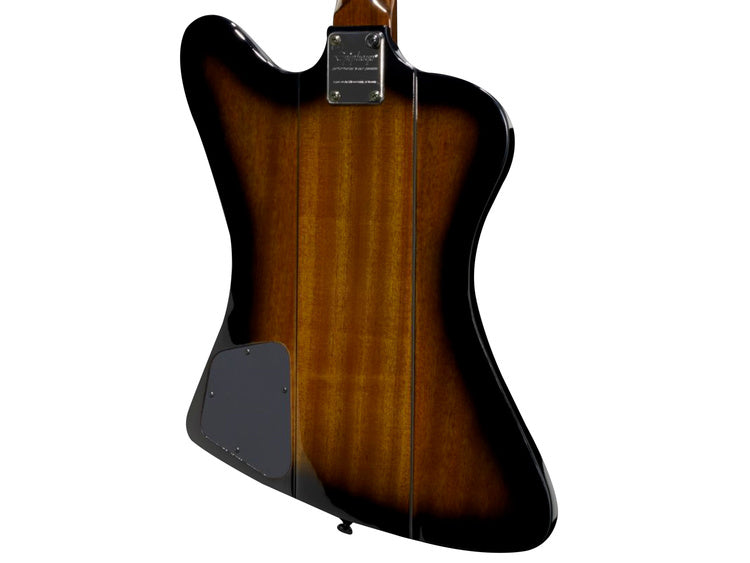 Sunburst-finish bass guitar back view, showing a contoured wooden body with a black edge and a rectangular electronics cover plate on the lower left.