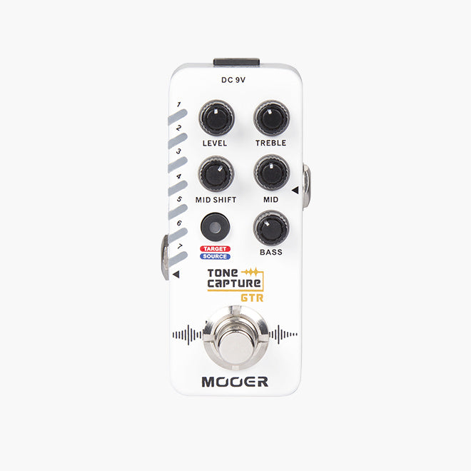 White Mooer Tone Capture GTR effects pedal with six black knobs, one footswitch, and a small button labeled Target/Source.