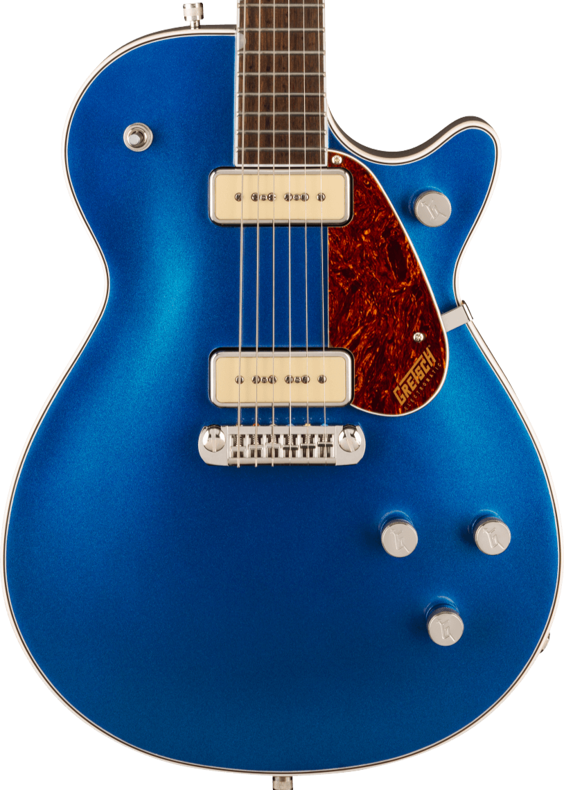 Metallic blue electric guitar with two cream pickups, three silver knobs, a brown tortoiseshell pickguard, and chrome hardware.