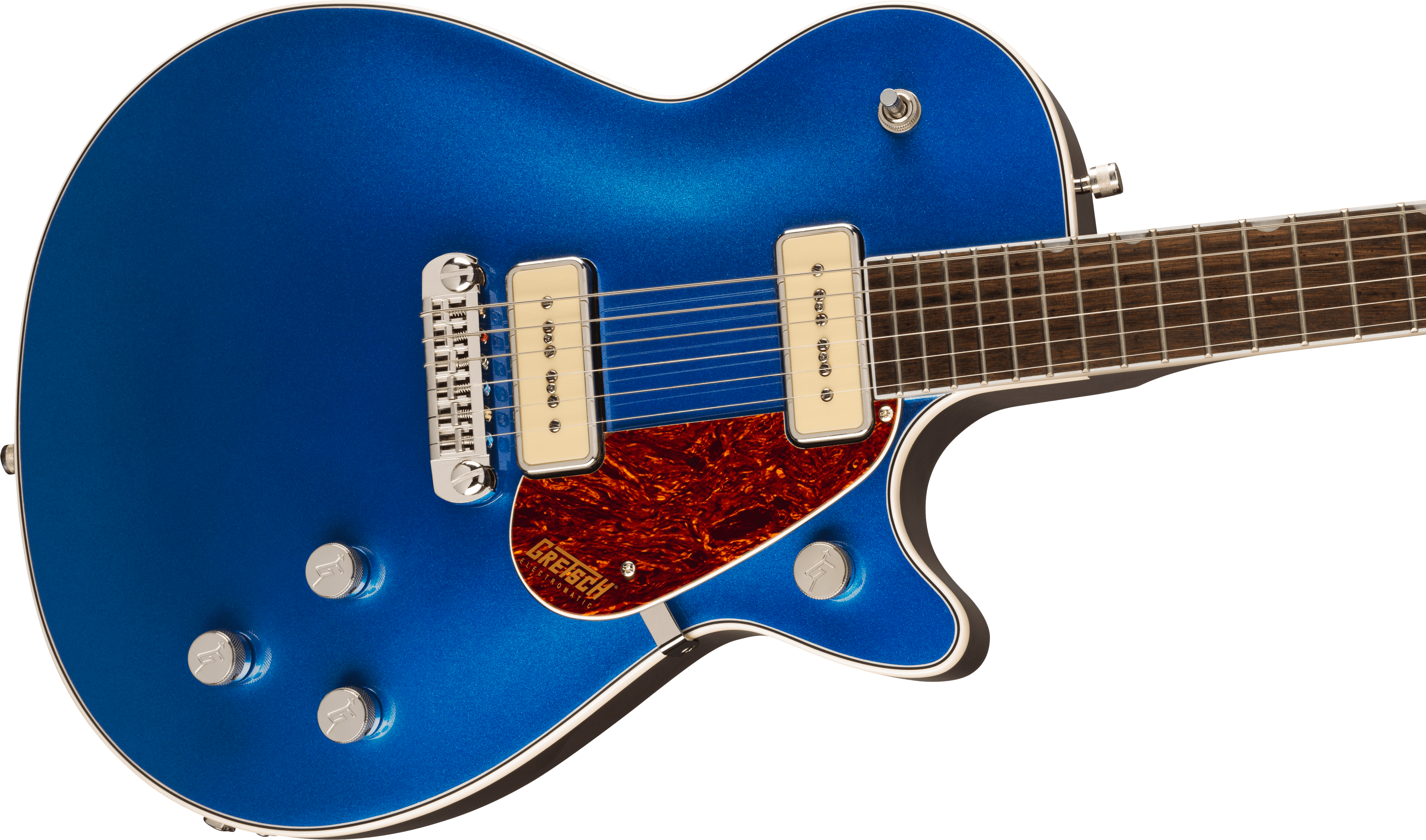 Metallic blue electric guitar with two cream pickups, three silver knobs, a red tortoiseshell pickguard, and a rosewood fretboard.