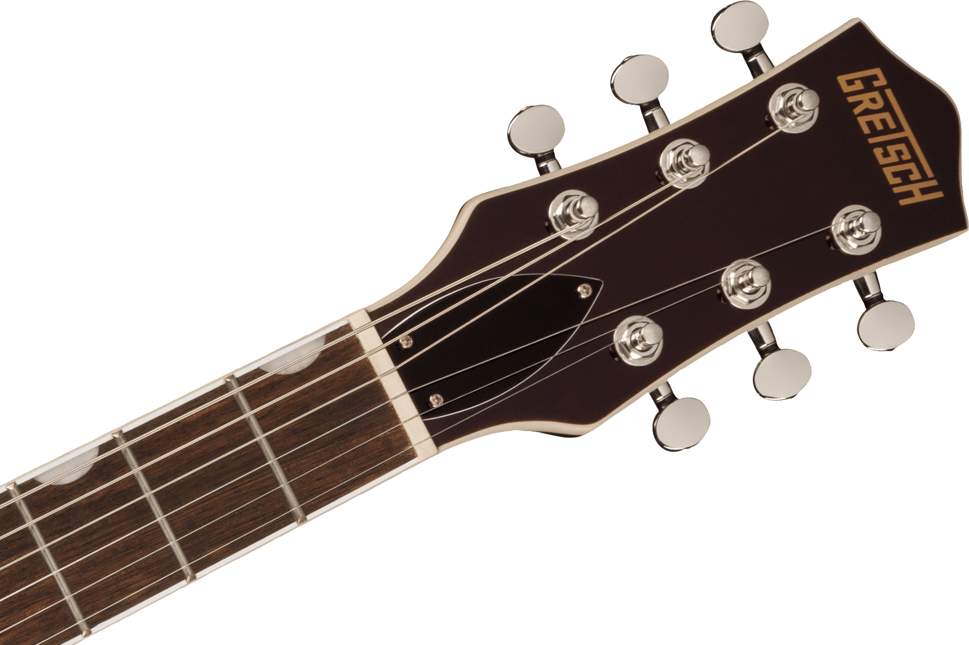 Gretsch electric guitar headstock with six tuning pegs, a dark wood finish, metal strings, and white inlay dot markers on the fretboard.