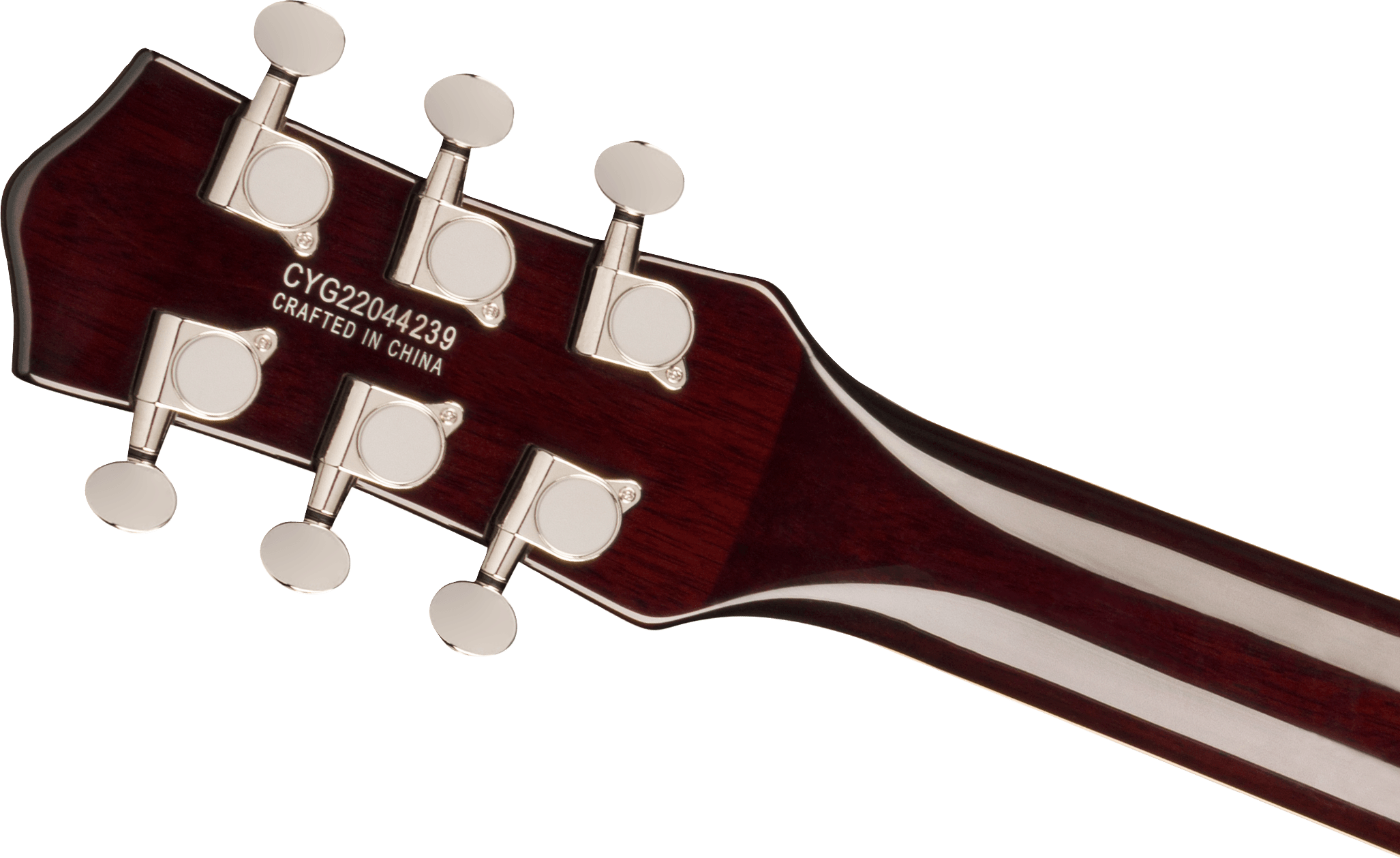 Rear view of a dark red electric guitar headstock with six chrome tuning pegs and the serial number CYG22044239 stamped above "Crafted in China".