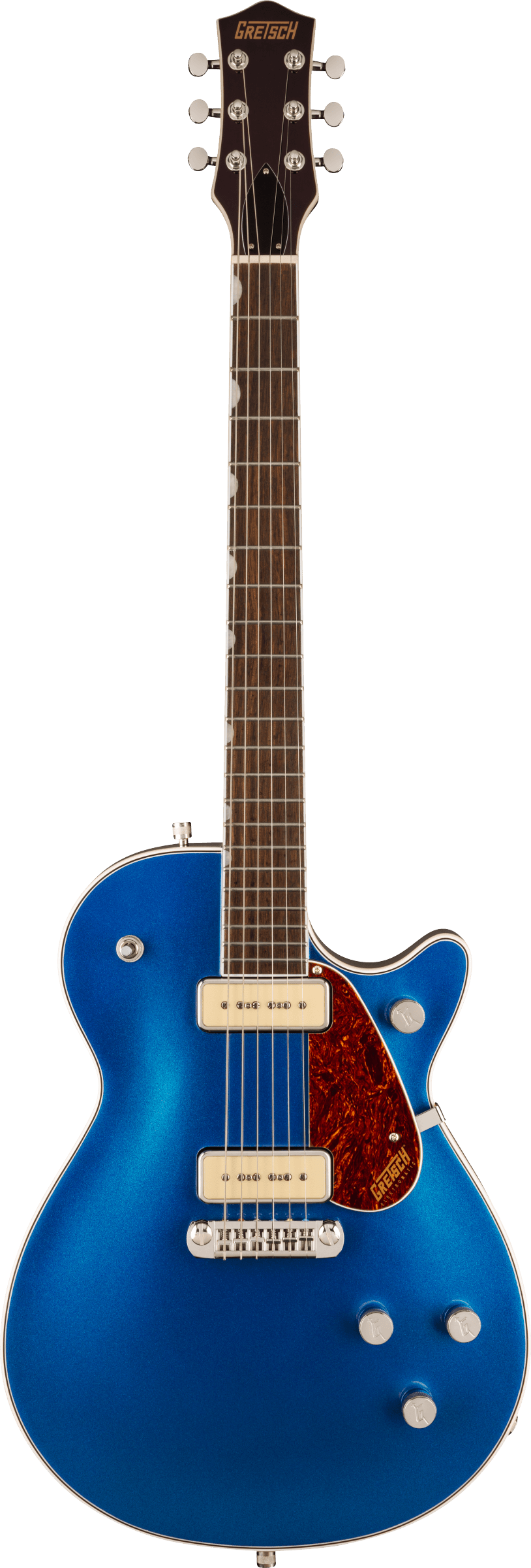 Metallic blue electric guitar with a single cutaway, two cream pickups, three control knobs, a tortoiseshell pickguard, and a rosewood fretboard.
