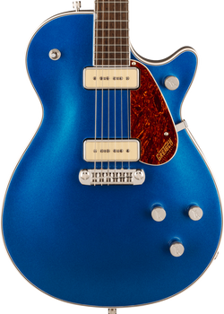 Metallic blue electric guitar with two cream pickups, three silver knobs, a brown tortoiseshell pickguard, and chrome hardware.