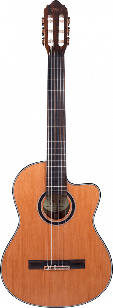 Classical guitar with a natural wood finish, six nylon strings, a cutaway body, and dark fingerboard and bridge. Brand name Valencia on the headstock.