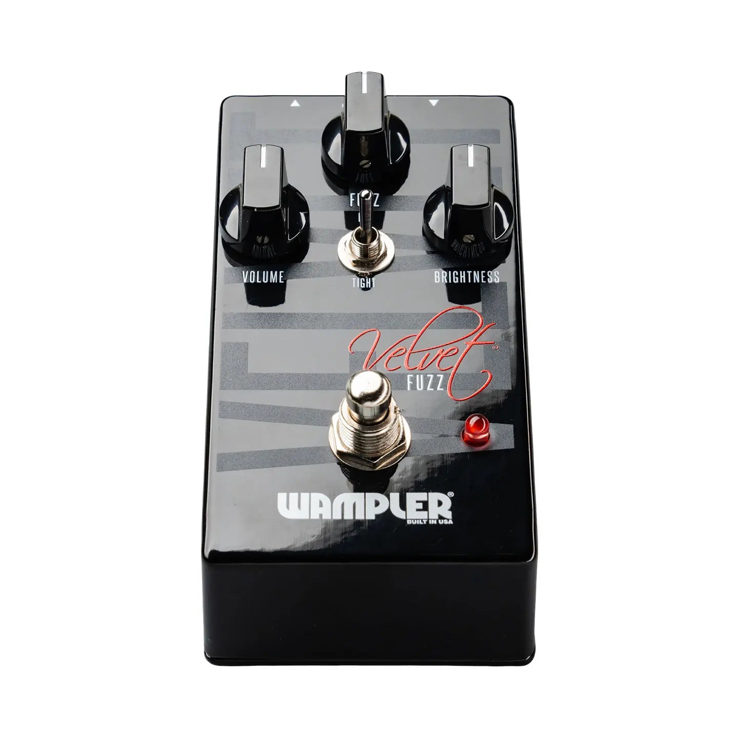 Pédale d'effet guitare Wampler Velvet Fuzz noire avec trois boutons, un sélecteur central, un interrupteur au pied et une LED rouge.