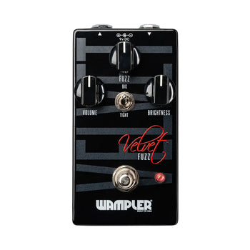 Black Wampler Velvet Fuzz guitar pedal with knobs for fuzz, volume, and brightness, a bright red LED, and a footswitch.