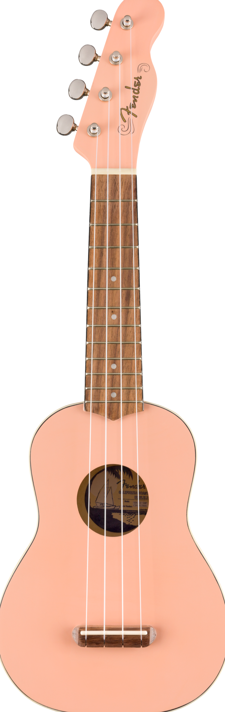 Light pink Fender ukulele with four strings, a natural wood fretboard, and a round sound hole featuring a sailboat design inside.