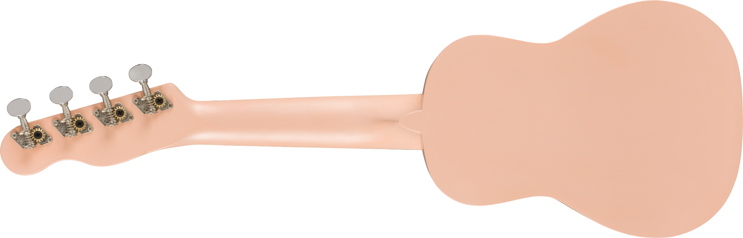Light pink ukulele shown from the back, highlighting four silver tuning pegs and a smooth, unadorned body.