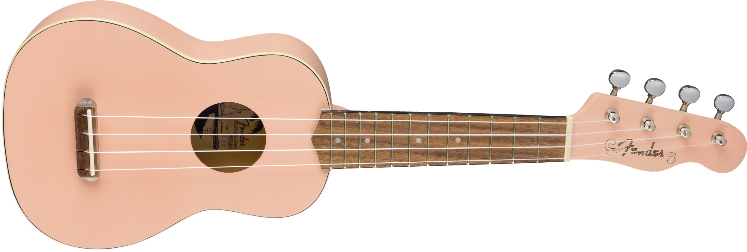 Light pink Fender ukulele with four tuning pegs, white strings, a round sound hole, and a natural wood fretboard with dot inlays.