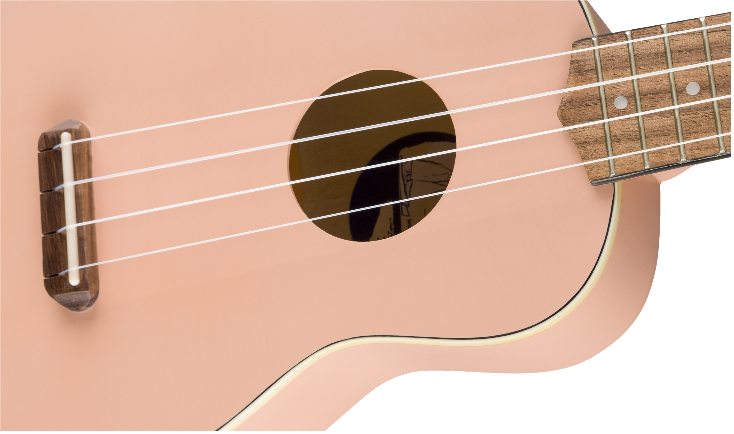 A pastel pink ukulele body with four white strings, a dark wooden bridge, round sound hole, cream binding, and a wooden fretboard with metal frets.