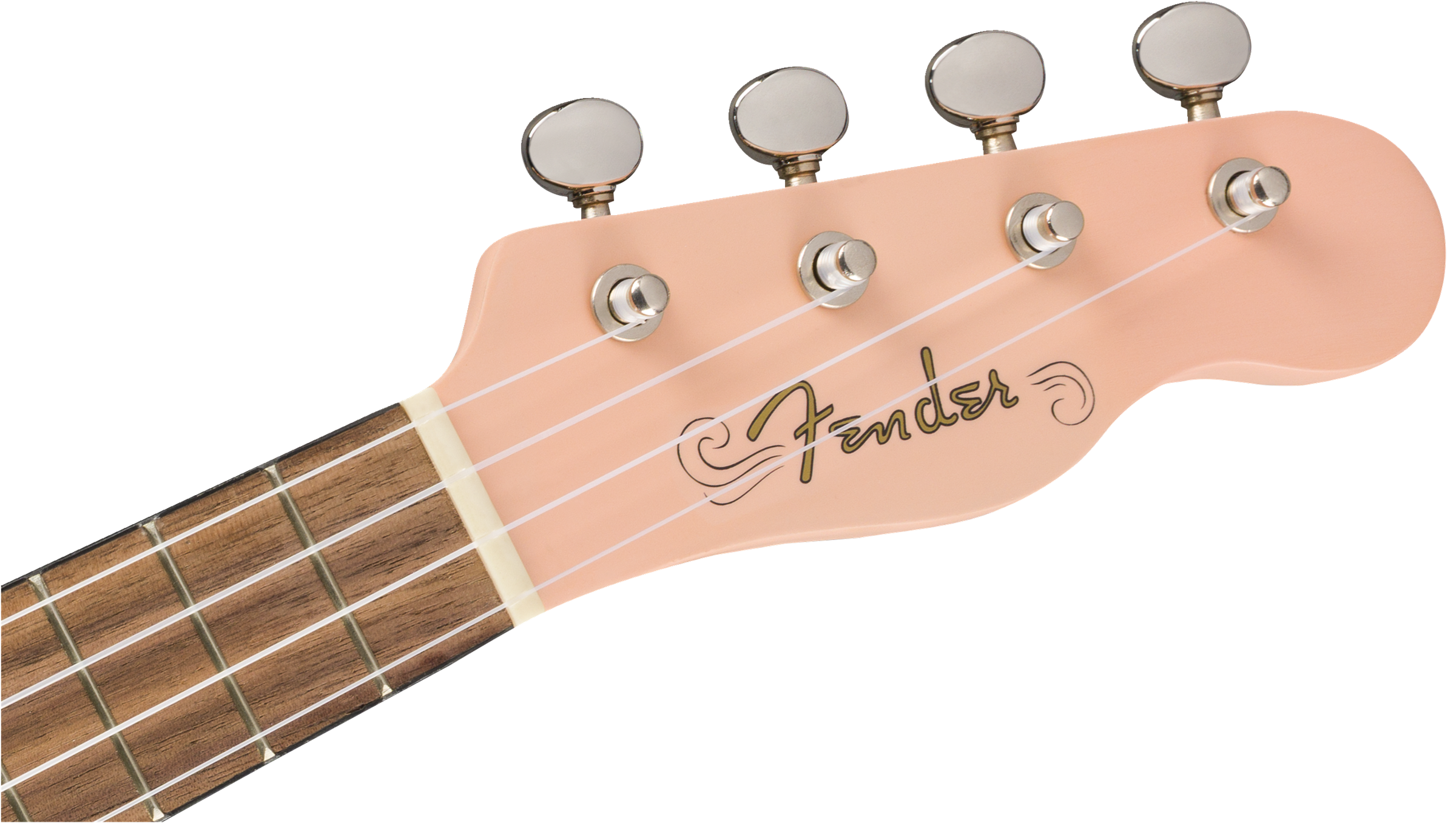 Light pink Fender ukulele headstock with four silver tuning pegs and a wooden fretboard with white fret markers.